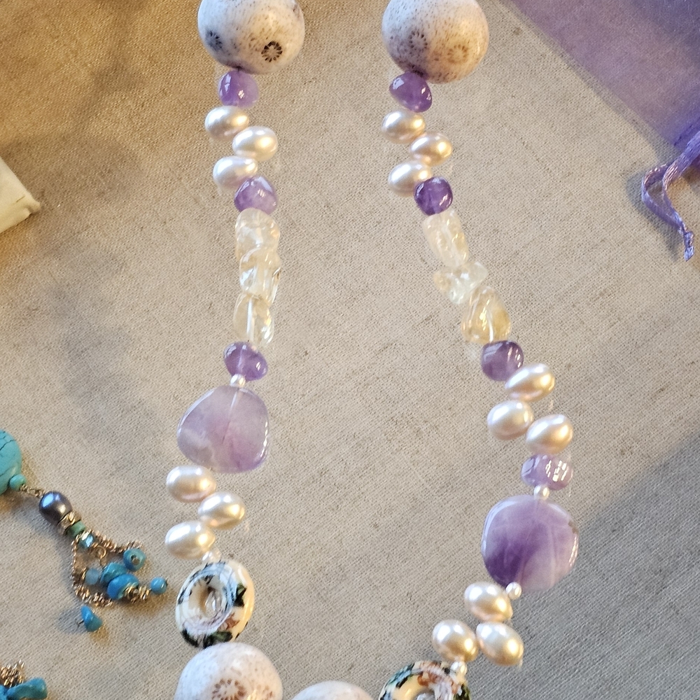 Necklace Amethyst Pearl and  Fossil  Handmade Artesian Jewel Unique Rare Vintag